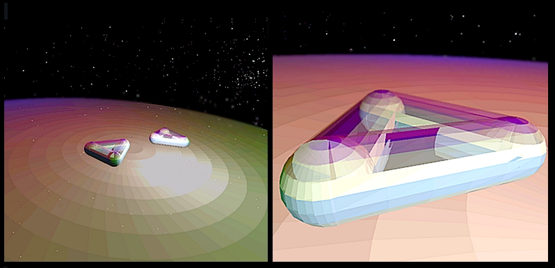 Two triangular D-Zone 2.0 tanks on a glowing circular playfield in space, and one of them close up, translucent